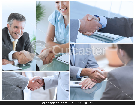 To use this stock image in your creative project, please select the size you need over to the right and click the "Add to Cart" button.
Your downloaded image will come with the Cutcaster watermark removed so don’t worry about the watermark you see on this page. Collage of pictures showing business people stock photo, Collage of pictures showing business people shaking hands by Wavebreak Media
