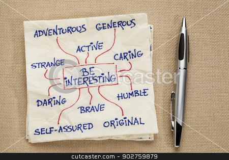 To use this stock image in your creative project, please select the size you need over to the right and click the "Add to Cart" button.
Your downloaded image will come with the Cutcaster watermark removed so don’t worry about the watermark you see on this page. Be interesting - motivational doodle stock photo, how to be interesting - a motivational doodle on a napkin by Marek Uliasz