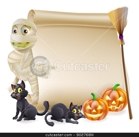 To use this stock image in your creative project, please select the size you need over to the right and click the "Add to Cart" button.
Your downloaded image will come with the Cutcaster watermark removed so don’t worry about the watermark you see on this page. Mummy Scroll Halloween Banner stock vector clipart, Halloween scroll or banner sign with orange carved Halloween pumpkins and black witch's cats, witch's broom stick and cartoon mummy character by Christos Georghiou