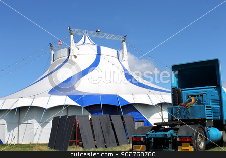 To use this stock image in your creative project, please select the size you need over to the right and click the "Add to Cart" button.
Your downloaded image will come with the Cutcaster watermark removed so don’t worry about the watermark you see on this page. American Circus tent and truck stock photo, Scenic view of American circus tent with truck in foreground. by Martin Crowdy