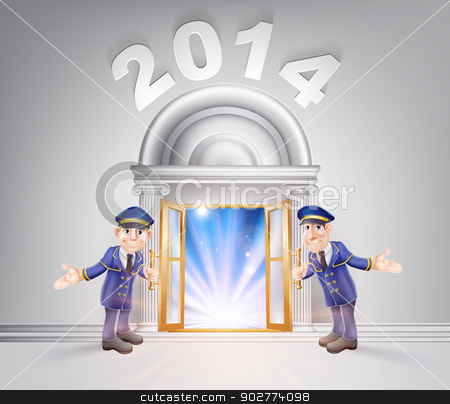 To use this stock image in your creative project, please select the size you need over to the right and click the "Add to Cart" button.
Your downloaded image will come with the Cutcaster watermark removed so don’t worry about the watermark you see on this page. New Year Door 2014 and Doormen stock vector clipart, New Year Door 2014 concept of a doormen hoding open a door to the new year with light streaming through it. by Christos Georghiou