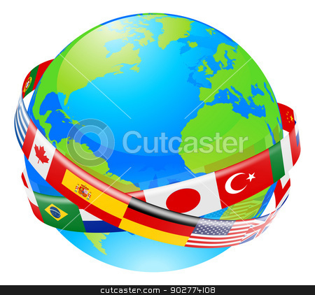 To use this stock image in your creative project, please select the size you need over to the right and click the "Add to Cart" button.
Your downloaded image will come with the Cutcaster watermark removed so don’t worry about the watermark you see on this page. A earth globe with flags of countries stock vector clipart, A conceptual illustration of a globe with the flags of lots of countries flying around it. by Christos Georghiou