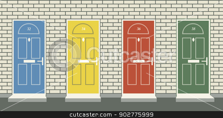 To use this stock image in your creative project, please select the size you need over to the right and click the "Add to Cart" button.
Your downloaded image will come with the Cutcaster watermark removed so don’t worry about the watermark you see on this page. Front doors stock vector clipart, Editable vector illustration of four colorful front doors by Robert Adrian Hillman