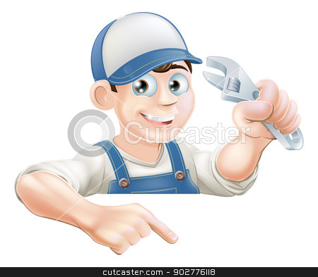 To use this stock image in your creative project, please select the size you need over to the right and click the "Add to Cart" button.
Your downloaded image will come with the Cutcaster watermark removed so don’t worry about the watermark you see on this page. Cartoon plumber peeking over sign stock vector clipart, A cartoon plumber or mechanic with a wrench peeking over sign or banner and pointing at it by Christos Georghiou