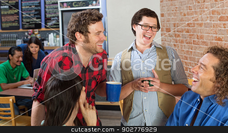 To use this stock image in your creative project, please select the size you need over to the right and click the "Add to Cart" button.
Your downloaded image will come with the Cutcaster watermark removed so don’t worry about the watermark you see on this page. Laughing Group in Cafe stock photo, Happy group of young people laughing in cafe by Scott Griessel