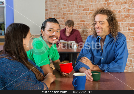 To use this stock image in your creative project, please select the size you need over to the right and click the "Add to Cart" button.
Your downloaded image will come with the Cutcaster watermark removed so don’t worry about the watermark you see on this page. Cheerful Group in Cafe stock photo, Smiling mixed group of friends drinking coffee in a cafe by Scott Griessel
