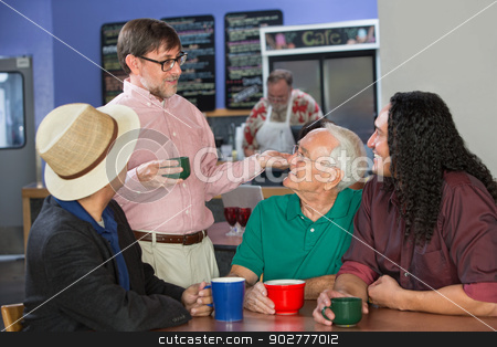 To use this stock image in your creative project, please select the size you need over to the right and click the "Add to Cart" button.
Your downloaded image will come with the Cutcaster watermark removed so don’t worry about the watermark you see on this page. Group of Men Talking stock photo, Group of adults in restaurant talking to each other by Scott Griessel