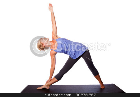To use this stock image in your creative project, please select the size you need over to the right and click the "Add to Cart" button.
Your downloaded image will come with the Cutcaster watermark removed so don’t worry about the watermark you see on this page. Beautiful woman doing Triangle yoga pose stock photo, Beautiful healthy woman doing Triangle Utthita Trikonasana yoga pose standing on mat, on white. by Paul Hakimata