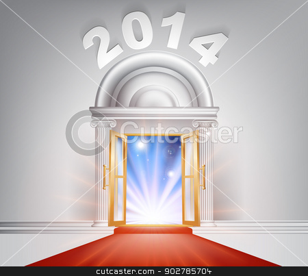 To use this stock image in your creative project, please select the size you need over to the right and click the "Add to Cart" button.
Your downloaded image will come with the Cutcaster watermark removed so don’t worry about the watermark you see on this page. New Year Door 2014 Concept stock vector clipart, New Year Door 2014 concept of a fantastic white marble door with columns and a red carpet with light streaming through it. by Christos Georghiou