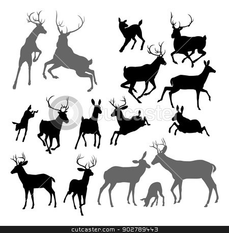To use this stock image in your creative project, please select the size you need over to the right and click the "Add to Cart" button.
Your downloaded image will come with the Cutcaster watermark removed so don’t worry about the watermark you see on this page. Deer animal silhouettes stock vector clipart, Silhouette Deer including fawn, doe bucks and stag. Also two stags fighting ans a family group set by Christos Georghiou