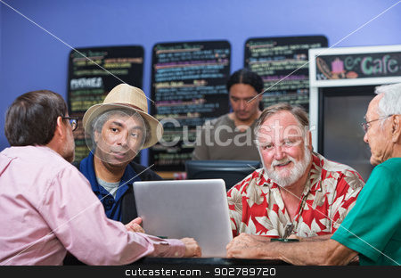 To use this stock image in your creative project, please select the size you need over to the right and click the "Add to Cart" button.
Your downloaded image will come with the Cutcaster watermark removed so don’t worry about the watermark you see on this page. Diverse Men in Cafe stock photo, Cheerful man with diverse friends in cafe by Scott Griessel