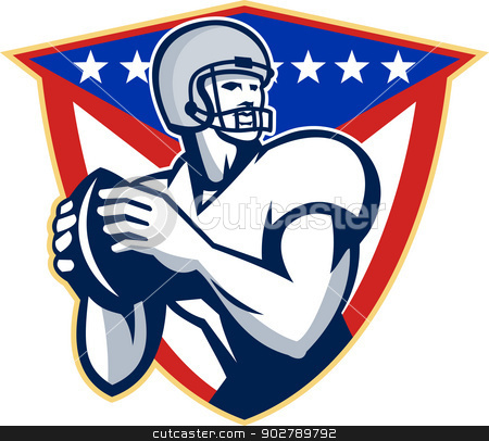 To use this stock image in your creative project, please select the size you need over to the right and click the "Add to Cart" button.
Your downloaded image will come with the Cutcaster watermark removed so don’t worry about the watermark you see on this page. American Football Quarterback Throw Ball stock vector clipart, Illustration of an american football gridiron quarterback player throwing ball facing side set inside crest shield with stars and stripes flag done in retro style. by patrimonio