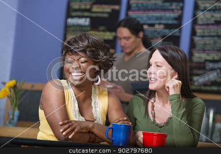 To use this stock image in your creative project, please select the size you need over to the right and click the "Add to Cart" button.
Your downloaded image will come with the Cutcaster watermark removed so don’t worry about the watermark you see on this page. Laughing Woman in Cafe with Friend stock photo, Diverse pair of women joking in coffee house by Scott Griessel