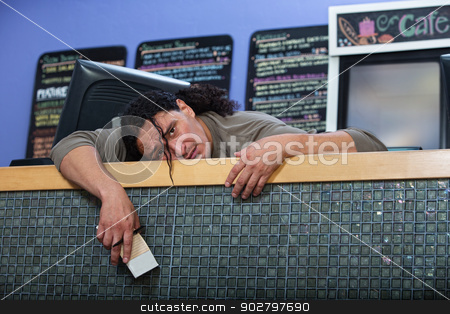 To use this stock image in your creative project, please select the size you need over to the right and click the "Add to Cart" button.
Your downloaded image will come with the Cutcaster watermark removed so don’t worry about the watermark you see on this page. Tired Cafe Owner stock photo, Tired Native American restaurant owner at counter by Scott Griessel