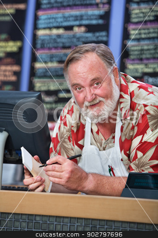 To use this stock image in your creative project, please select the size you need over to the right and click the "Add to Cart" button.
Your downloaded image will come with the Cutcaster watermark removed so don’t worry about the watermark you see on this page. Grinning Cafe Worker Taking Orders stock photo, Grinning man in beard and mustache working at a cafe by Scott Griessel