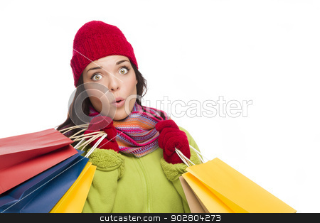 To use this stock image in your creative project, please select the size you need over to the right and click the "Add to Cart" button.
Your downloaded image will come with the Cutcaster watermark removed so don’t worry about the watermark you see on this page. Mixed Race Woman Wearing Hat and Gloves Holding Shopping Bags stock photo, Beautiful Mixed Race Woman Wearing Winter Hat and Gloves Isolated on a White Background. by Andy Dean