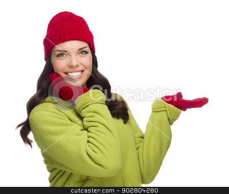 To use this stock image in your creative project, please select the size you need over to the right and click the "Add to Cart" button.
Your downloaded image will come with the Cutcaster watermark removed so don’t worry about the watermark you see on this page. Mixed Race Woman Wearing Hat and Gloves Gesturing to Side stock photo, Beautiful Mixed Race Woman Wearing Winter Hat and Gloves Isolated on a White Background Gesturing with Her Hand to the Side. by Andy Dean