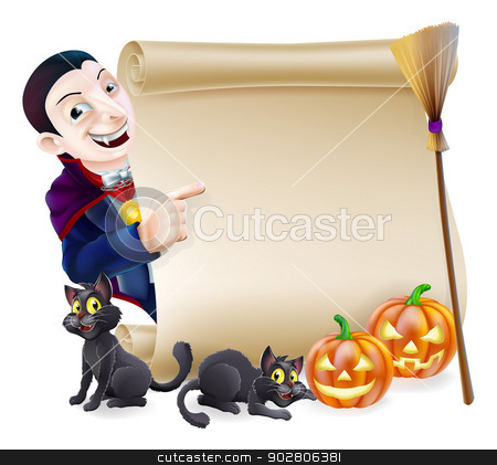 To use this stock image in your creative project, please select the size you need over to the right and click the "Add to Cart" button.
Your downloaded image will come with the Cutcaster watermark removed so don’t worry about the watermark you see on this page. Halloween Vampire Dracula Scroll stock vector clipart, Halloween scroll or banner sign with orange carved Halloween pumpkins and black witch's cats, witch's broom stick and cartoon Dracula vampire character by Christos Georghiou