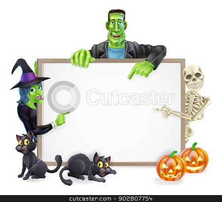 To use this stock image in your creative project, please select the size you need over to the right and click the "Add to Cart" button.
Your downloaded image will come with the Cutcaster watermark removed so don’t worry about the watermark you see on this page. Halloween Monsters Background Sign stock vector clipart, A Halloween sign with cartoon skeleton, witch and Frankenstein monster all pointing at the center. Also with Halloween pumpkins and black cats. by Christos Georghiou