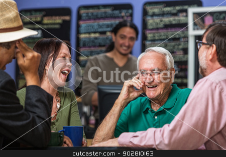 To use this stock image in your creative project, please select the size you need over to the right and click the "Add to Cart" button.
Your downloaded image will come with the Cutcaster watermark removed so don’t worry about the watermark you see on this page. Group in Cafe Laughing stock photo, Mature people in a coffee house laughing by Scott Griessel