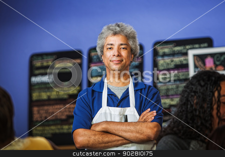 To use this stock image in your creative project, please select the size you need over to the right and click the "Add to Cart" button.
Your downloaded image will come with the Cutcaster watermark removed so don’t worry about the watermark you see on this page. Confident Cafe Owner stock photo, Confident African coffee house owner with folded arms by Scott Griessel
