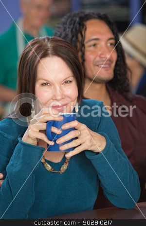 To use this stock image in your creative project, please select the size you need over to the right and click the "Add to Cart" button.
Your downloaded image will come with the Cutcaster watermark removed so don’t worry about the watermark you see on this page. Smiling Woman in Cafe stock photo, Cheerful mature woman in cafe with handsome male friend by Scott Griessel