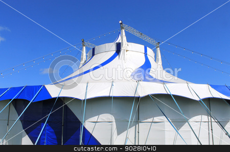 To use this stock image in your creative project, please select the size you need over to the right and click the "Add to Cart" button.
Your downloaded image will come with the Cutcaster watermark removed so don’t worry about the watermark you see on this page. Blue and white big top tent stock photo, Blue and white big top circus tent with sky background. by Martin Crowdy