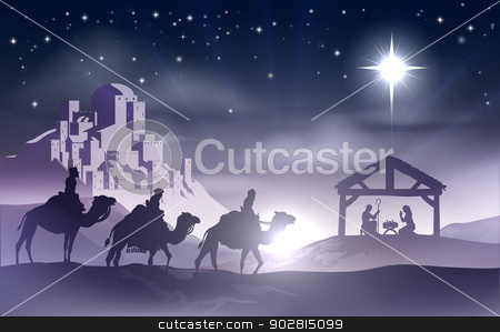 To use this stock image in your creative project, please select the size you need over to the right and click the "Add to Cart" button.
Your downloaded image will come with the Cutcaster watermark removed so don’t worry about the watermark you see on this page. Nativity Christmas Scene stock vector clipart, Christmas Christian nativity scene with baby Jesus in the manger in silhouette, three wise men or kings and star of Bethlehem with the city of Bethlehem in the distance by Christos Georghiou