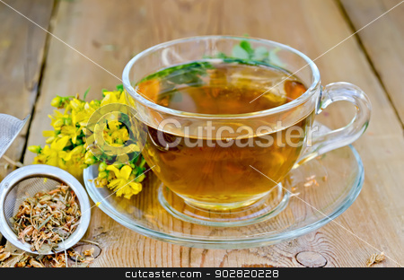 To use this stock image in your creative project, please select the size you need over to the right and click the "Add to Cart" button.
Your downloaded image will come with the Cutcaster watermark removed so don’t worry about the watermark you see on this page. Herbal tea from tutsan in strainer with cup stock photo, Tea in a glass cup, a metal filter for tea with dried flowers tutsan, Hypericum fresh flowers on the background of wooden boards by rezkrr