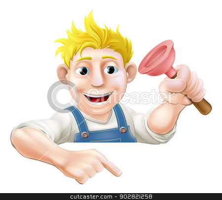 To use this stock image in your creative project, please select the size you need over to the right and click the "Add to Cart" button.
Your downloaded image will come with the Cutcaster watermark removed so don’t worry about the watermark you see on this page. Cartoon plunger man pointing down stock vector clipart, A cartoon plumber with a rubber plunger peeking over a sign or banner and pointing at it by Christos Georghiou