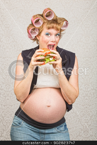 To use this stock image in your creative project, please select the size you need over to the right and click the "Add to Cart" button.
Your downloaded image will come with the Cutcaster watermark removed so don’t worry about the watermark you see on this page. Pregnant Woman Eating a Sandwich stock photo, Happy female hillbilly in curlers eating a sandwich by Scott Griessel