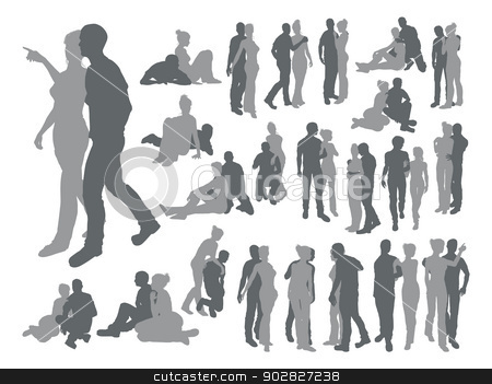To use this stock image in your creative project, please select the size you need over to the right and click the "Add to Cart" button.
Your downloaded image will come with the Cutcaster watermark removed so don’t worry about the watermark you see on this page. Highly detailed couple silhouettes stock vector clipart, High quality detailed silhouettes of a young couple in various poses by Christos Georghiou