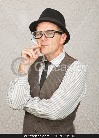 To use this stock image in your creative project, please select the size you need over to the right and click the "Add to Cart" button.
Your downloaded image will come with the Cutcaster watermark removed so don’t worry about the watermark you see on this page. Skeptical Man Smoking stock photo, Skeptical white businessman with hat smoking a cigarette by Scott Griessel