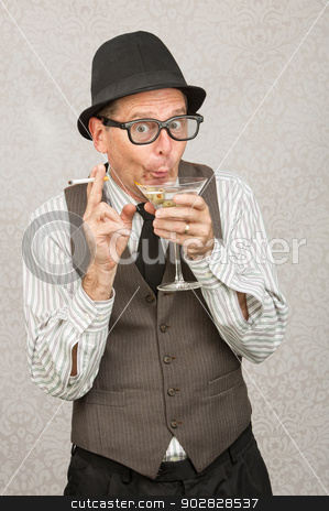 To use this stock image in your creative project, please select the size you need over to the right and click the "Add to Cart" button.
Your downloaded image will come with the Cutcaster watermark removed so don’t worry about the watermark you see on this page. Giddy Man Drinking stock photo, Giddy man holding cigarette and martini with hat and eyeglasses by Scott Griessel