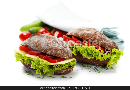 To use this stock image in your creative project, please select the size you need over to the right and click the "Add to Cart" button.
Your downloaded image will come with the Cutcaster watermark removed so don’t worry about the watermark you see on this page. sandwiches stock photo, Grain bread sandwiches with ham,cheese and fresh vegetables over white - healthy eating concept by klenova