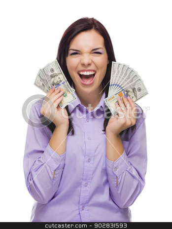 To use this stock image in your creative project, please select the size you need over to the right and click the "Add to Cart" button.
Your downloaded image will come with the Cutcaster watermark removed so don’t worry about the watermark you see on this page. Mixed Race Woman Holding the New One Hundred Dollar Bills stock photo, Excited Mixed Race Woman Holding the Newly Designed United States One Hundred Dollar Bills Isolated on a White Background. by Andy Dean