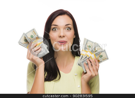 To use this stock image in your creative project, please select the size you need over to the right and click the "Add to Cart" button.
Your downloaded image will come with the Cutcaster watermark removed so don’t worry about the watermark you see on this page. Mixed Race Woman Holding the New One Hundred Dollar Bills stock photo, Excited Mixed Race Woman Holding the Newly Designed United States One Hundred Dollar Bills Isolated on a White Background. by Andy Dean