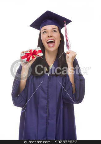 To use this stock image in your creative project, please select the size you need over to the right and click the "Add to Cart" button.
Your downloaded image will come with the Cutcaster watermark removed so don’t worry about the watermark you see on this page. Female Graduate Holding Stack of Gift Wrapped Hundred Dollar Bil stock photo, Happy Female Graduate in Cap and Gown Holding Stack of Gift Wrapped Hundred Dollar Bills Isolated on a White Background. by Andy Dean