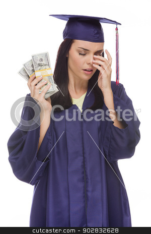 To use this stock image in your creative project, please select the size you need over to the right and click the "Add to Cart" button.
Your downloaded image will come with the Cutcaster watermark removed so don’t worry about the watermark you see on this page. Stressed Female Graduate Holding Stacks of Hundred Dollar Bills stock photo, Stressed Female Graduate in Cap and Gown Holding Stacks of Hundred Dollar Bills Isolated on a White Background. by Andy Dean