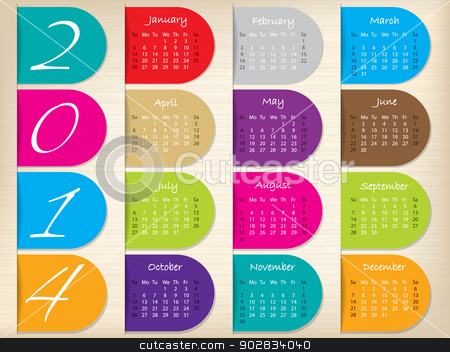 To use this stock image in your creative project, please select the size you need over to the right and click the "Add to Cart" button.
Your downloaded image will come with the Cutcaster watermark removed so don’t worry about the watermark you see on this page. Color ribbon calendar design for 2014 stock vector clipart, Color ribbon calendar design for the year 2014 by Mihaly Pal Fazakas