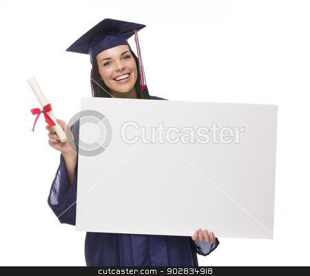 To use this stock image in your creative project, please select the size you need over to the right and click the "Add to Cart" button.
Your downloaded image will come with the Cutcaster watermark removed so don’t worry about the watermark you see on this page. Female Graduate in Cap and Gown Holding Blank Sign, Diploma stock photo, Happy Mixed Race Female Graduate in Cap and Gown Holding Blank Sign and Diploma Isolated on White. by Andy Dean