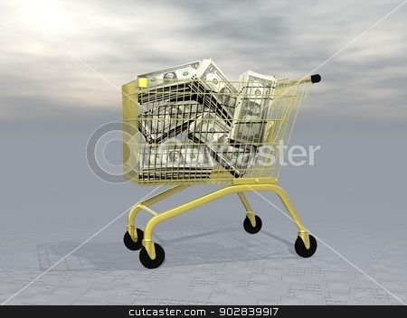 To use this stock image in your creative project, please select the size you need over to the right and click the "Add to Cart" button.
Your downloaded image will come with the Cutcaster watermark removed so don’t worry about the watermark you see on this page. Buying wealth - 3D render stock photo, Lots of dollars into golden shopping cart in grey background by Elenarts