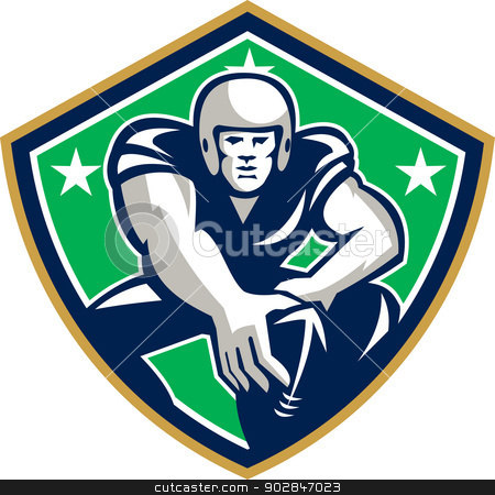 To use this stock image in your creative project, please select the size you need over to the right and click the "Add to Cart" button.
Your downloaded image will come with the Cutcaster watermark removed so don’t worry about the watermark you see on this page. American Football Center Snap Front Shield stock vector clipart, Illustration of an american football gridiron player center with hand on ball ready to snap facing front set inside crest shield with stars done in retro style. by patrimonio