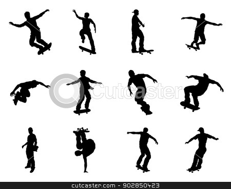To use this stock image in your creative project, please select the size you need over to the right and click the "Add to Cart" button.
Your downloaded image will come with the Cutcaster watermark removed so don’t worry about the watermark you see on this page. Skateboarder silhouettes stock vector clipart, Very high quality and highly detailed skating skateboarder silhouette outlines. Skateboarders performing lots of tricks on their boards. by Christos Georghiou