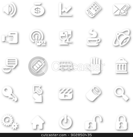To use this stock image in your creative project, please select the size you need over to the right and click the "Add to Cart" button.
Your downloaded image will come with the Cutcaster watermark removed so don’t worry about the watermark you see on this page. Icon Set White minimalist stock vector clipart, A white minimalist style cutout icon set with drop shadows for all your web and app needs by Christos Georghiou