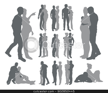 To use this stock image in your creative project, please select the size you need over to the right and click the "Add to Cart" button.
Your downloaded image will come with the Cutcaster watermark removed so don’t worry about the watermark you see on this page. Couple silhouettes pregnant woman stock vector clipart, High quality detailed silhouettes of a young couple with pregnant woman in various poses by Christos Georghiou