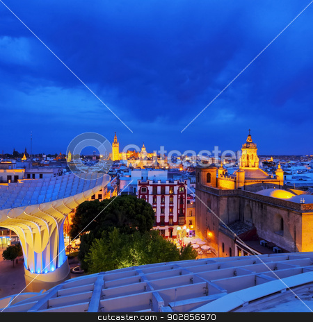 To use this stock image in your creative project, please select the size you need over to the right and click the "Add to Cart" button.
Your downloaded image will come with the Cutcaster watermark removed so don’t worry about the watermark you see on this page. Seville Cityscape, Spain stock photo, Night view of Seville from Metropol Parasol on La Encarnacion Square, Andalusia, Spain by Karol Kozlowski