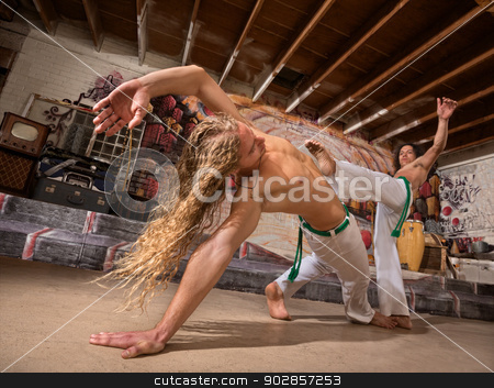 To use this stock image in your creative project, please select the size you need over to the right and click the "Add to Cart" button.
Your downloaded image will come with the Cutcaster watermark removed so don’t worry about the watermark you see on this page. Male Capoeira Performers stock photo, Young male capoeira partners performing kicks indoors by Scott Griessel