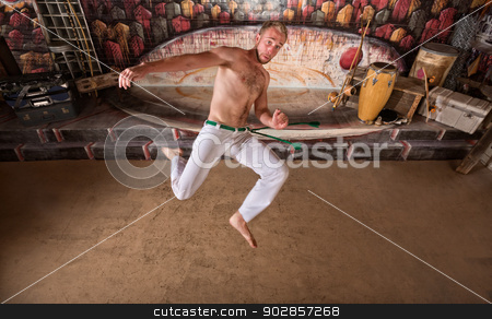 To use this stock image in your creative project, please select the size you need over to the right and click the "Add to Cart" button.
Your downloaded image will come with the Cutcaster watermark removed so don’t worry about the watermark you see on this page. Capoeira Twisting Kick stock photo, Caucasian capoeira performers jumping for a twisting kick by Scott Griessel