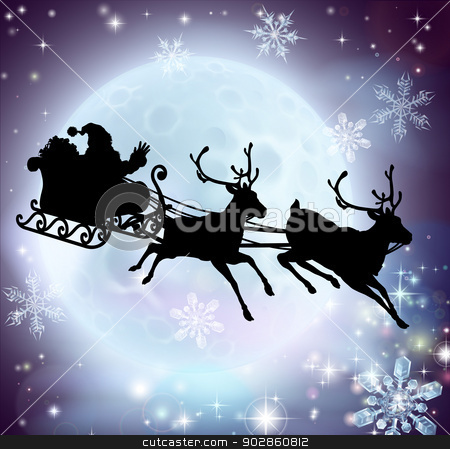 To use this stock image in your creative project, please select the size you need over to the right and click the "Add to Cart" button.
Your downloaded image will come with the Cutcaster watermark removed so don’t worry about the watermark you see on this page. Santa moon sleigh silhouette stock vector clipart, Santa flying in his sleigh with reindeer in front of a full moon in silhouette by Christos Georghiou